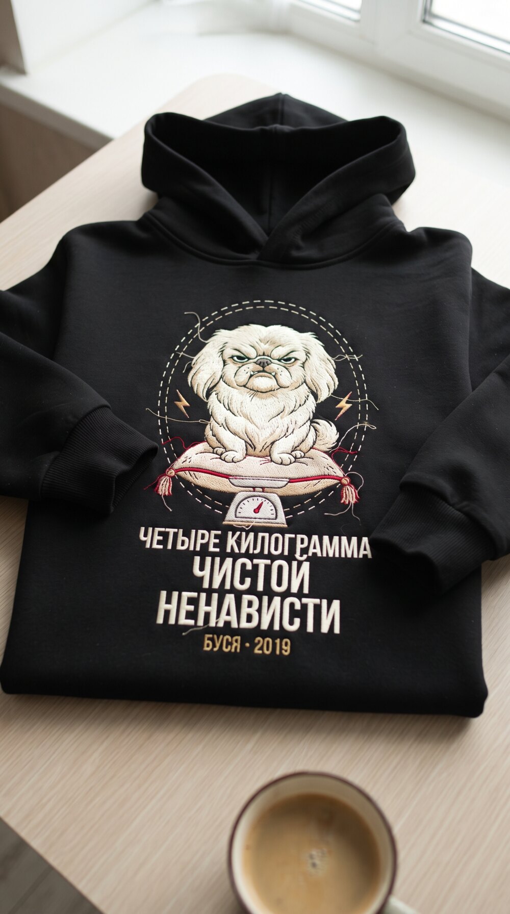2. Пекинес. ЧЕТЫРЕ КИЛОГРАММА ЧИСТОЙ НЕНАВИСТИ · БУСЯ · 2019. Чёрное худи на столе