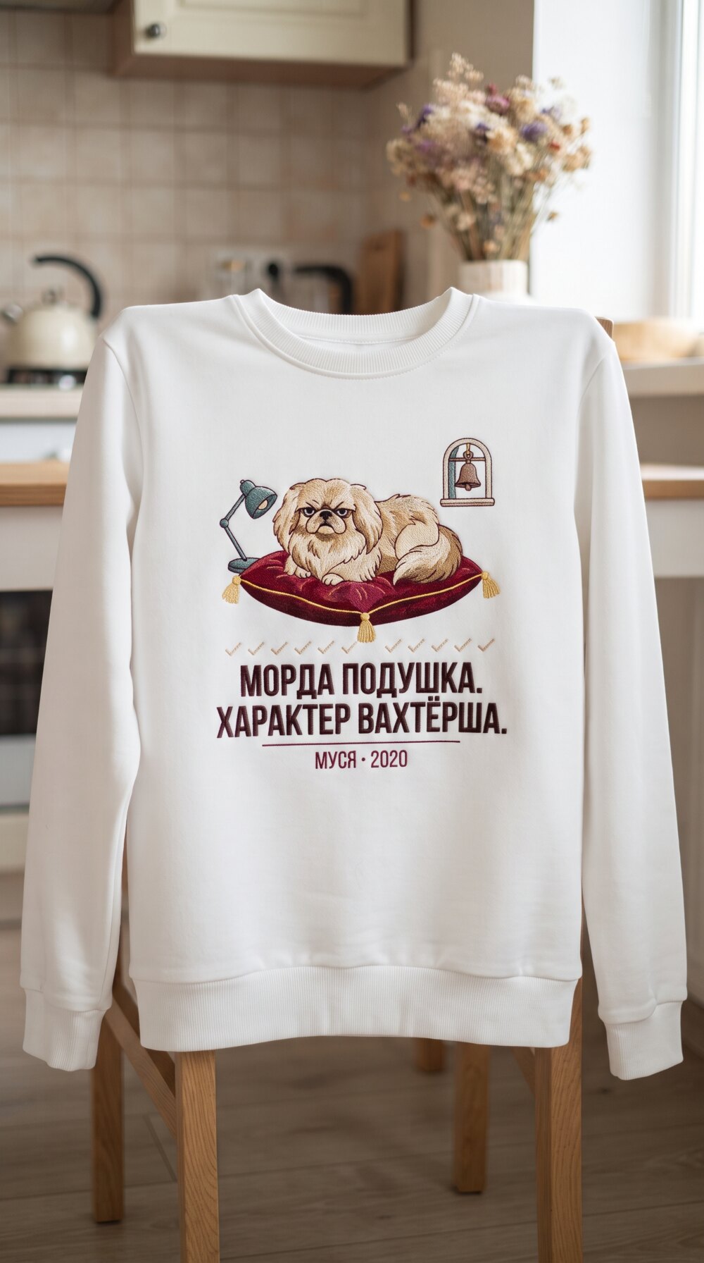3. Пекинес на подушке. МОРДА ПОДУШКА. ХАРАКТЕР ВАХТЁРША. · МУСЯ · 2020. Белый свитшот на спинке стула