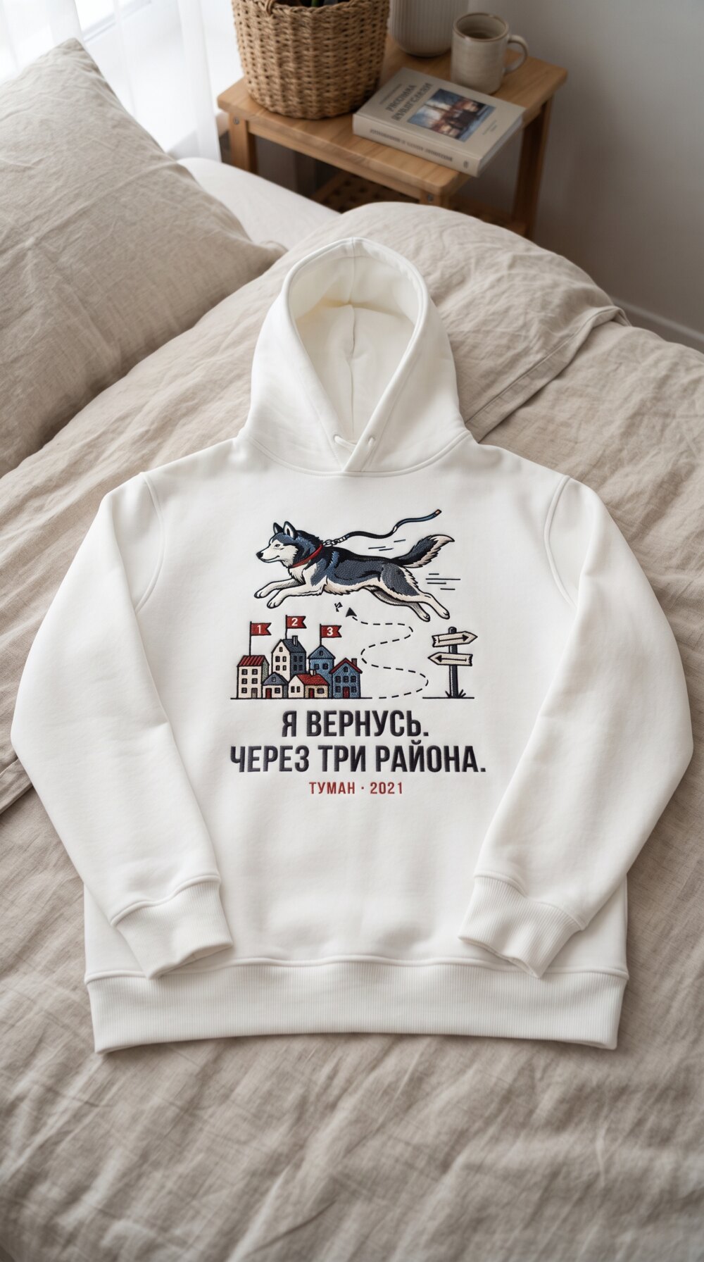 5. Хаски в прыжке. Я ВЕРНУСЬ. ЧЕРЕЗ ТРИ РАЙОНА. · ТУМАН · 2021. Белое худи на кровати