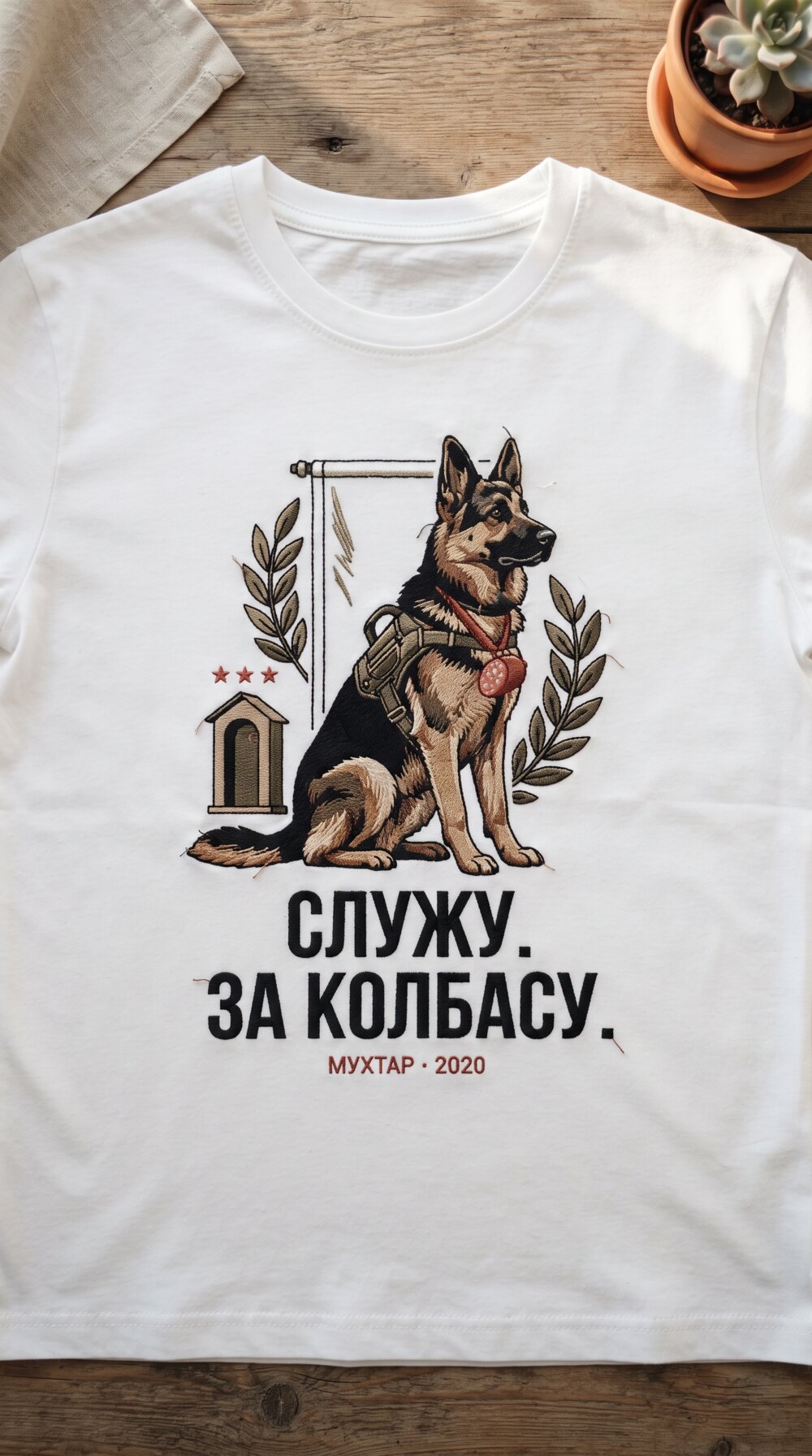 7. Овчарка. СЛУЖУ. ЗА КОЛБАСУ. · МУХТАР · 2020. Белая футболка на деревянном столе
