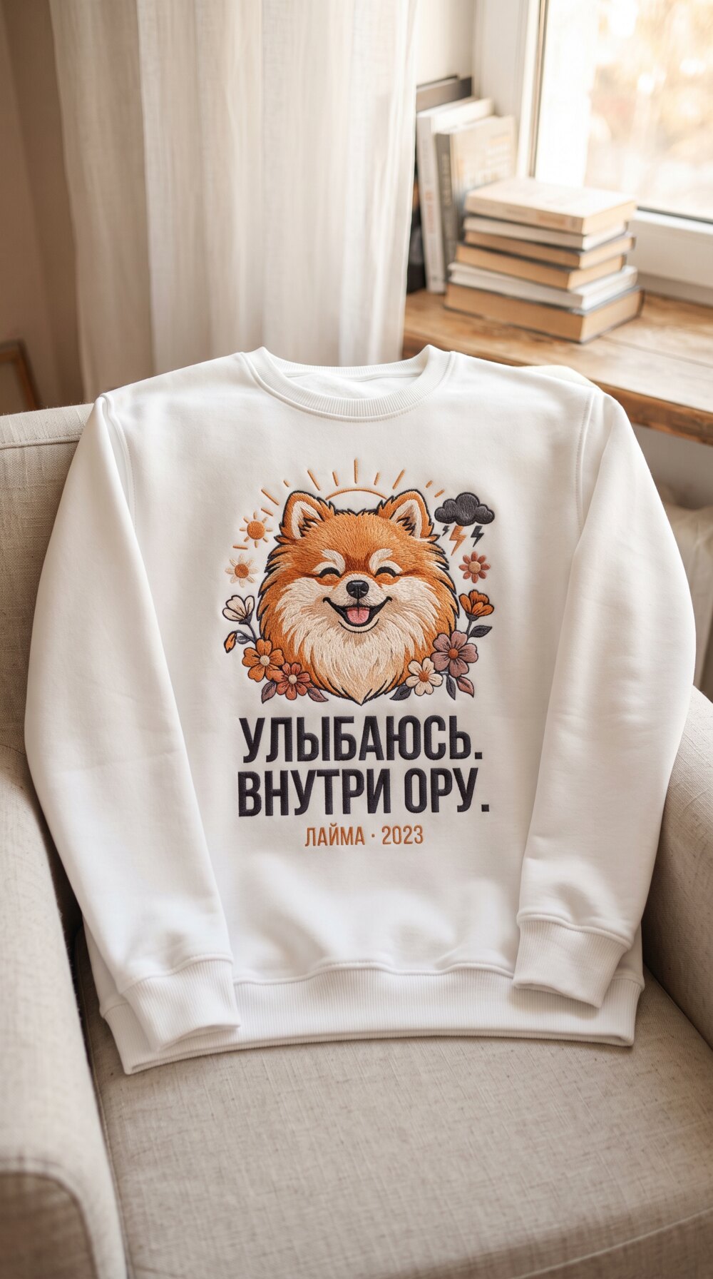 9. Шпиц. УЛЫБАЮСЬ. ВНУТРИ ОРУ. · ЛАЙМА · 2023. Белый свитшот в кресле у окна