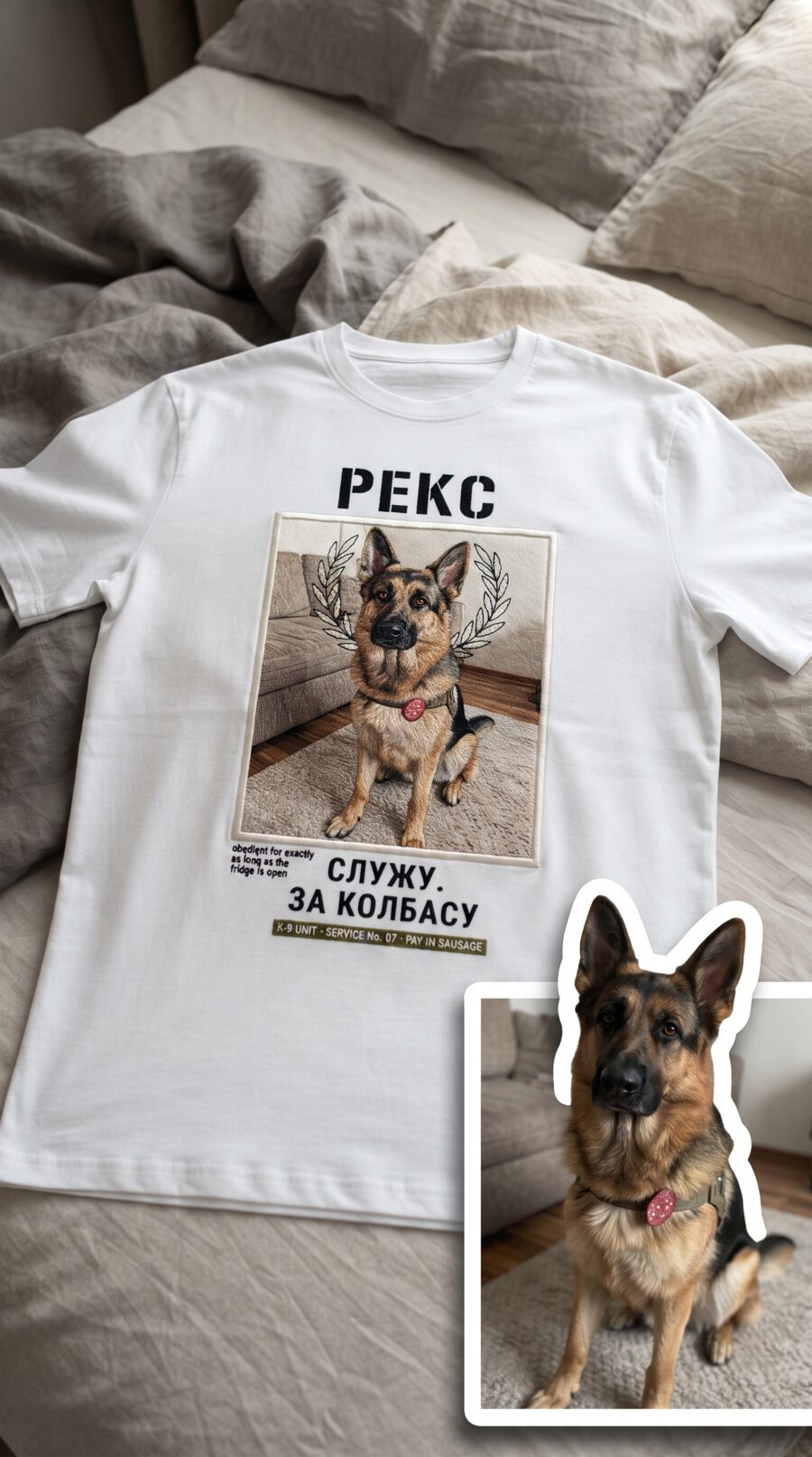 7. СЛУЖУ. ЗА КОЛБАСУ. · кличка РЕКС · белая футболка разложена на кровати