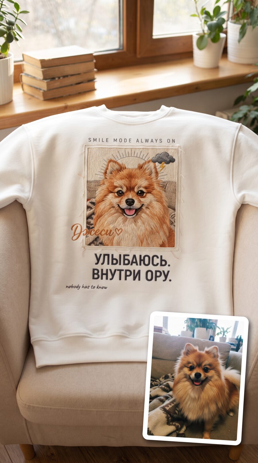 9. УЛЫБАЮСЬ. ВНУТРИ ОРУ. · кличка ДЖЕСИ · белый свитшот на кресле у окна